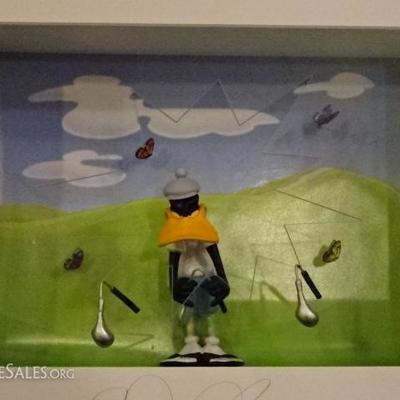 DAVID KRACOV MIXED MEDIA SCULPTURE IN SHADOWBOX, DEPICTING DAFFY DUCK AS A FRUSTRATED GOLFER