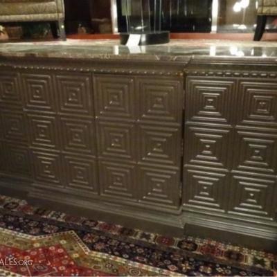 MID CENTURY MODERN SIDEBOARD WITH MARBLE TOP AND GEOMETRIC SQUARES ON DOOR PANELS