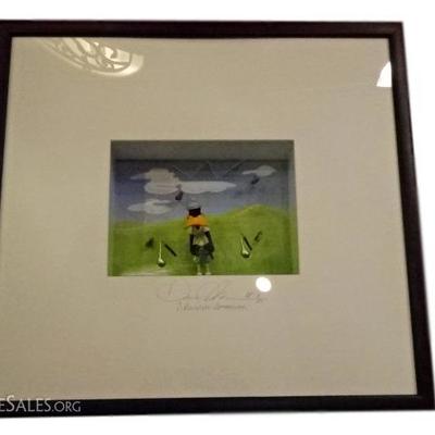 DAVID KRACOV MIXED MEDIA SCULPTURE IN SHADOWBOX, DEPICTING DAFFY DUCK AS A FRUSTRATED GOLFER