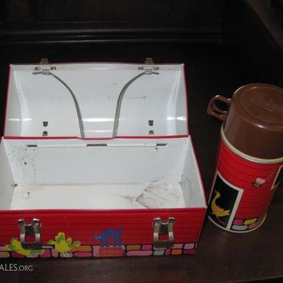 Vintage Metal Red Barn Lunchbox with Thermos