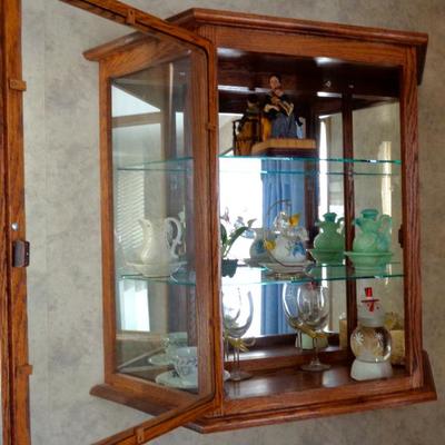 (2) Solid Oak Wall Mounted Curio Cabinet with Shelving.