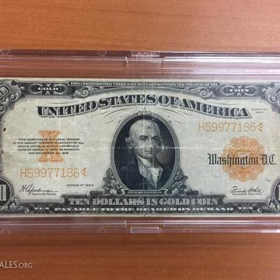 $10 in gold coin Gold certificate 1922