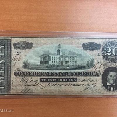 Confederate $20 bill 1864 AU