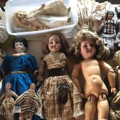 Beautiful collection of Old dolls, French, China and primitive. Plus adorable old doll clothes