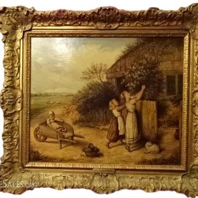 ANTIQUE J. COUGHLAN OIL ON CANVAS PAINTING, CIRCA LATE 1800's, TITLED THE FLOWER GATHERERS