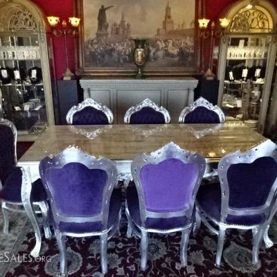 9 PIECE ROCOCO SILVER GILT DINING SET WITH TABLE AND 8 PLUM VELVET CHAIRS