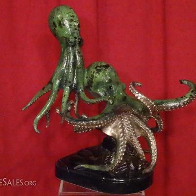 LARGE PATINATED BRONZE SCULTURE, 2 OCTOPUSES ON MARBLE BASE