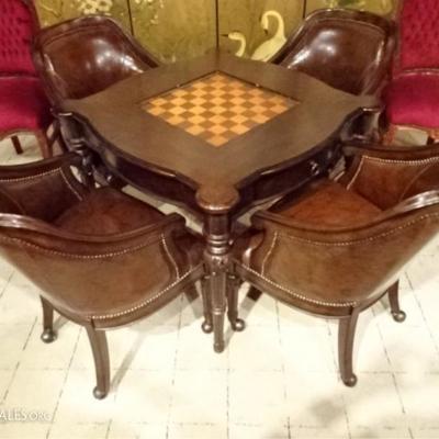 LEATHER AND WOOD GAME TABLE AND 4 CHAIRS
