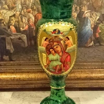 LARGE HAND PAINTED RUSSIAN WOOD VASE WITH MADONNA AND CHILD, FAUX MALACHITE FINISH, SIGNED BY ARTIST