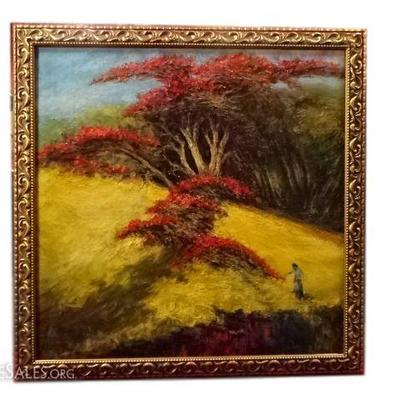 LARGE ABELLO SIGNED OIL ON CANVAS PAINTING, LANDSCAPE WITH RED TREE, SIGNED ABELLO LOWER LEFT