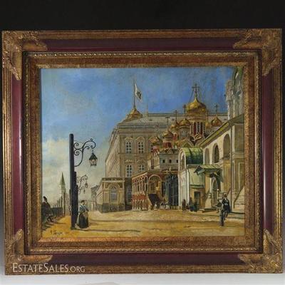 OIL ON CANVAS PAINTING, ST. PETERSBURG RUSSIA WITH GOLDEN DOMES