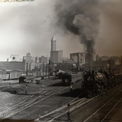 Yesteryear Seattle Photo (approx 20in x 16in): Smith Tower,  top of Amazon Bldg in background, Trains probably where Pioneer Square/ Sodo...