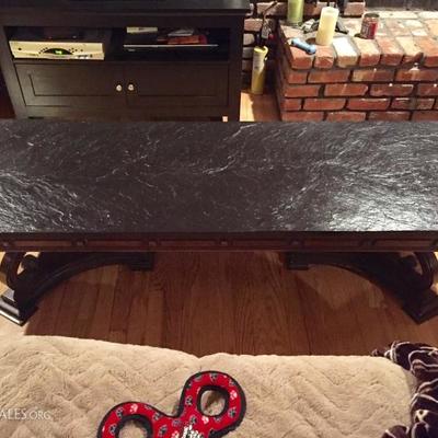 HEAVY Slate-top wood coffee table, part of 3 pc set