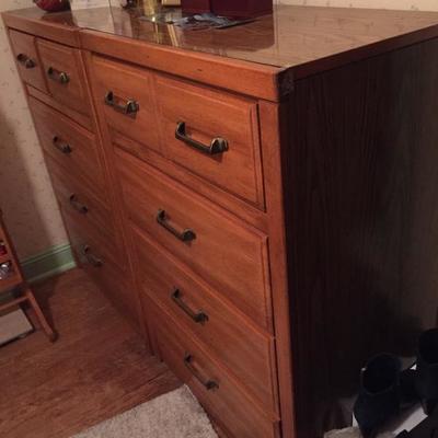 Formica-top wood twin bedroom set: two highboy dressers