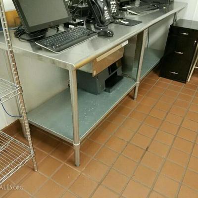 8 foot stainless work table with backsplash and lower shelf. 8' across x 30.5