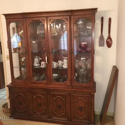 LARGE CHINA CABINET, CAN BE REPURPOSED, ALSO FULL OF NICE GLASS ITEMS