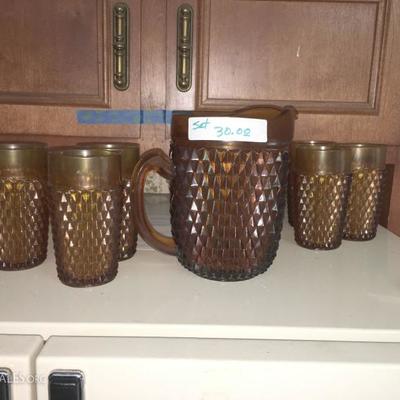 AMBER TEA PITCHER WITH MATCHING GLASSES, SET