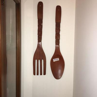 LARGE WOOD SPOON AND FORK WALL HANGER DECORATIONS