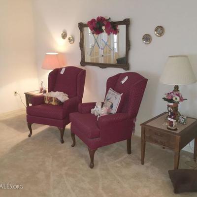 WING BACK CHAIRS, WALL MIRROR, END TABLE