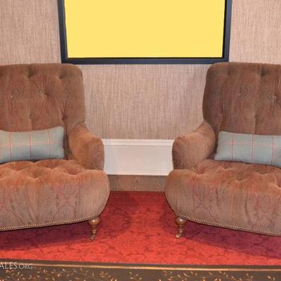 Pair of tufted chairs with Scalamandre upholstery