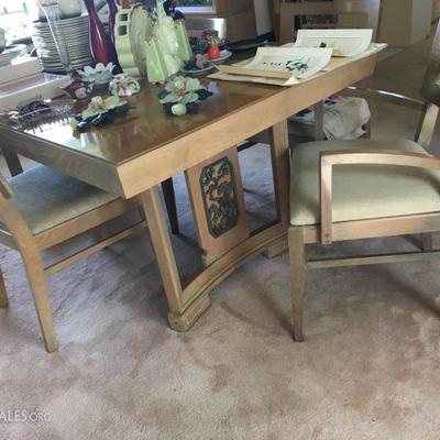 ASIAN DESIGN DINING TABLE SET. 6 CHAIRS and THREE LEAVES, Plus TABLE PADS