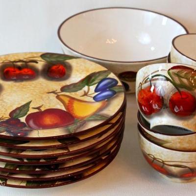 colorful dinner ware - set of dinner plates, bowls, serving bowl, segmented serving dish, & beverage cups