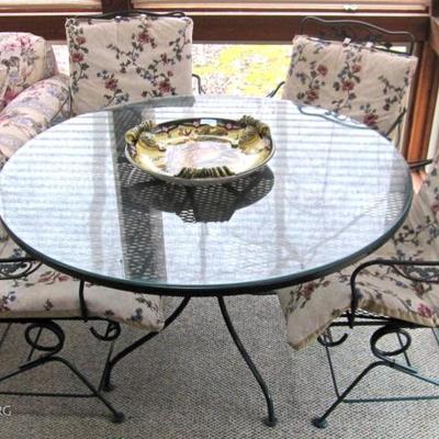 patio ensemble - metal table with glass top, 4 chairs, & seat cushions