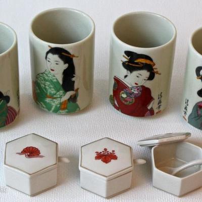 Japanese ladies porcelain cups, porcelain salt boxes & spoons