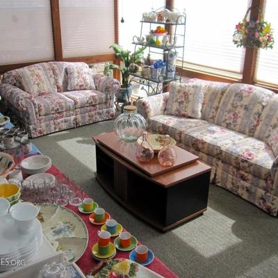 many nice decorative and functional ceramic and glass items, baker's rack, Hickory Hill matching love seat & sleeper sofa, media center...