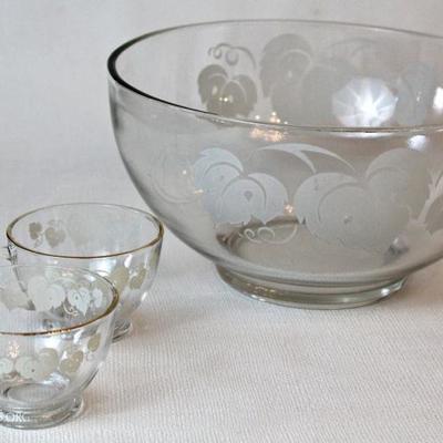 Punch bowl & 12 cup set with frosted, foliate design