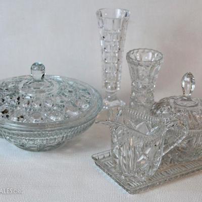 fancy glass - lidded dish, sugar & creamer, & bud vases