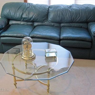 Leather sleep sofa, Lakawana style by England Furniture, teal color & glass and brass coffee table