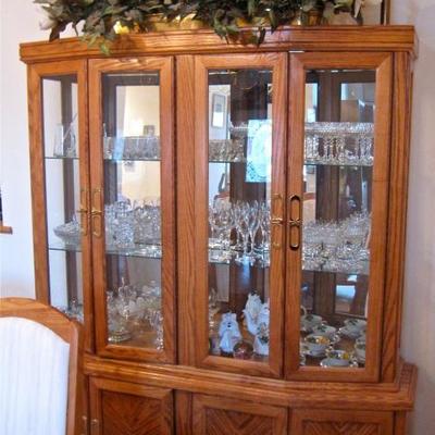 lighted china display cabinet - oak with glass shelves + lower storage cabinet
