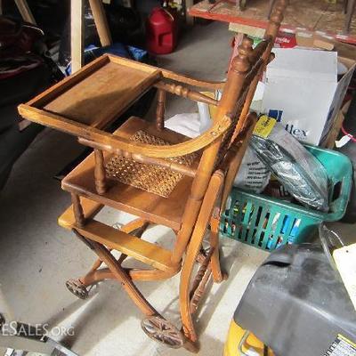 Antique High Chair With Steel Wheels, Converts Into Walker