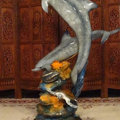 HUGE PATINATED BRONZE SCULPTURE, 2 LEAPING DOLPHINS, ON MARBLE BSE