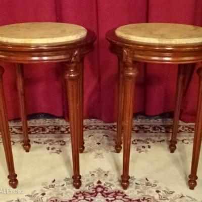 PAIR LOUIS XVI STYLE PEDESTALS WITH MARBLE TOPS AND FLUTED LEGS