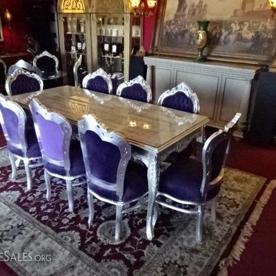 LOUIS XV ROCOCO STYLE SILVER GILT WOOD DINING TABLE WITH 6 ROYAL PURPLE VELVET CHAIRS