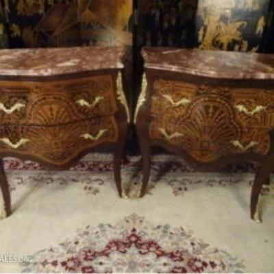 PAIR LOUIS XV STYLE MARQUETRY BOMBE CHESTS WITH MARBLE TOPS AND GILT METAL ORMOLU