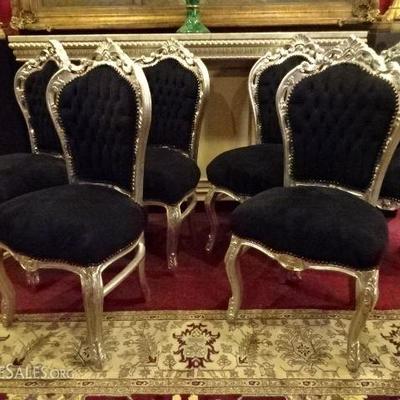 SET OF 6 LOUIS XV STYLE SILVER GILT WOOD DINING CHAIRS WITH BLACK VELVET UPHOLSTERY