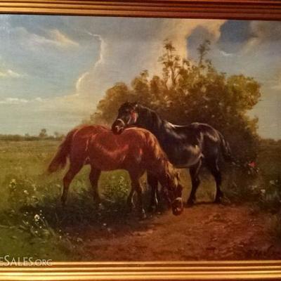 HUGE OIL PAINTING ON CANVAS, 2 HORSES