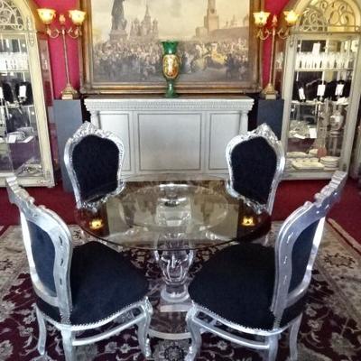 SET OF 6 SILVER GILT ROCOCO DINING CHAIRS WITH BLACK VELVET UPHOLSTERY