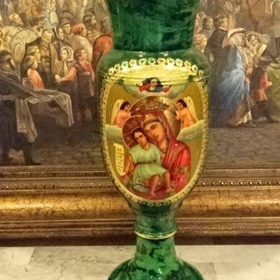 LARGE CARVED WOOD HAND PAINTED AND GOLD GILT RUSSIAN VASE WITH MADONNA AND CHILD