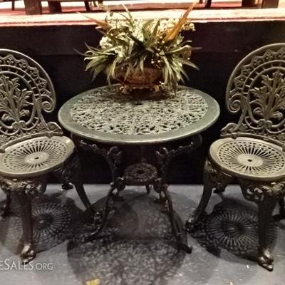 3 PIECE WROUGHT IRON BISTRO TABLE WITH 2 CHAIRS BY EMPIRE CRAFTSMEN