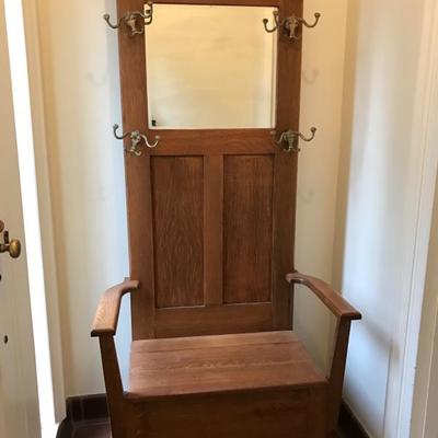 Gorgeous solid wood antique entryway bench with mirror and four hooks. $275