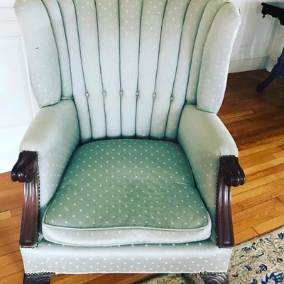 Gorgeous turquoise and wood chair with some light staining on upholstery.  30