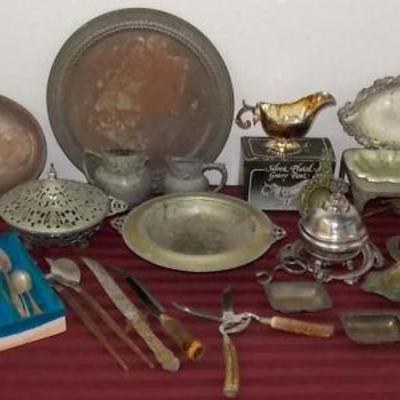 MMM106 Vintage Silver Plated, Brass Dishes, Flatware and More!

