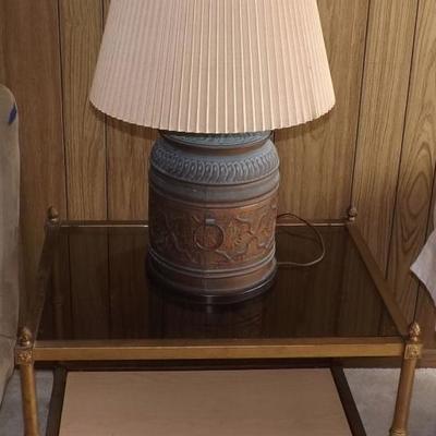 AM105 Glass & Metal End Table and Hammered Metal Lamp
