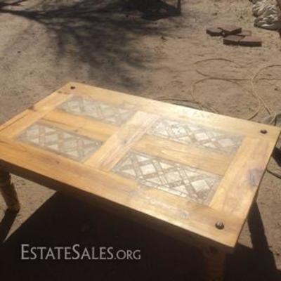 Wood Coffee Table with Inlaid Stone