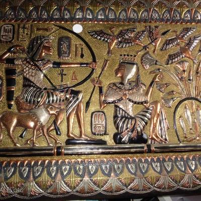 EGYPTIAN METAL PANEL ART HIEROGLYPHICS WITH PRECIOUS METALS CIRCA 1940'S AND PURCHASED IN EGYPT 