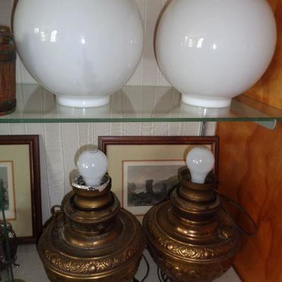 PAIR SIGNED 19TH CENTURY VICTORIAN PAIR OF OIL LAMPS CONVERTED TO ELECTRICITY WITH ORIGINAL GLASS GLOBES